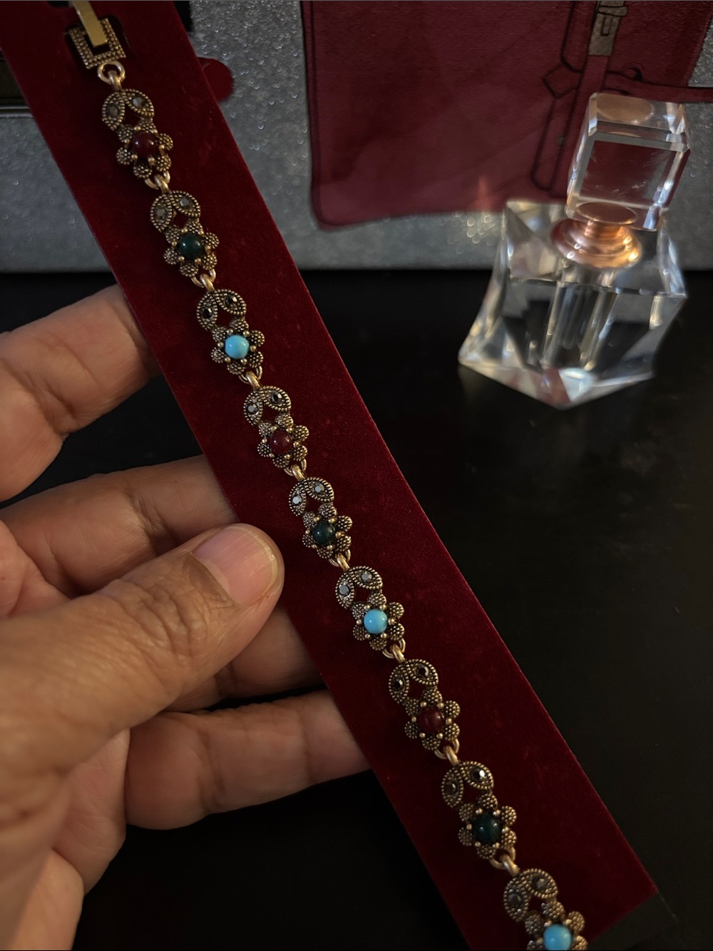 Turquoise & Garnet Floral Link Bracelet - Women Jewelry